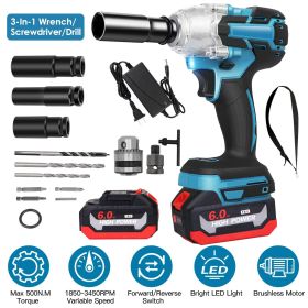 3-In-1 Cordless Electric Impact Wrench Drill Screwdriver with Brushless Motor Max 3450RPM Variable Speed 2Pcs 6.0Ah Batteries 3 Sockets 3 Screwdr