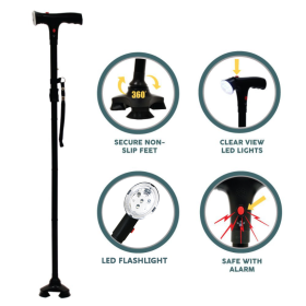 Adjustable Walking Stick Cane With LED Flashlight SOS Alarm Button For Senior Travel Hiking Trekking Pole Folding Crutch Handle Strap 5 Gears (Color: Black)
