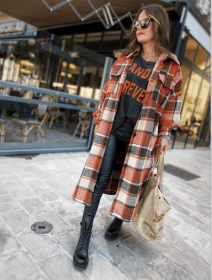 Fashion Long Plaid Coat Autumn Shirt Coat Woolen Coat Streetwear Women Clothing Loose Coat Female Casual Jacket (Color: Orange red, size: XL)