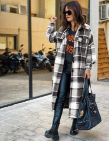 Fashion Long Plaid Coat Autumn Shirt Coat Woolen Coat Streetwear Women Clothing Loose Coat Female Casual Jacket (Color: Black White, size: L)