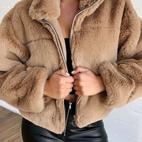 Solid Zip Up Fuzzy Coat, Casual Long Sleeve Lapel Outwear, Women's Clothing (Color: Khaki, size: M(6))