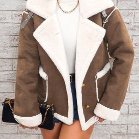 Lapel Plush Jacket, Winter Warm Casual Outwear, Women's Clothing (Color: Coffee, size: M(6))