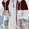 Color Block Hooded Teddy Coat, Casual Zip Up Long Sleeve Winter Warm Outerwear, Women's Clothing
