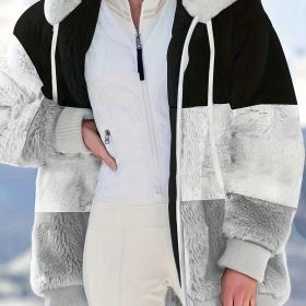 Color Block Hooded Teddy Coat, Casual Zip Up Long Sleeve Winter Warm Outerwear, Women's Clothing (Color: Black, size: M(6))