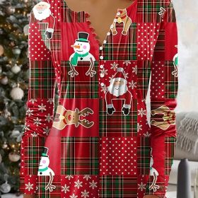 Plus Size Christmas Blouse, Women's Plus Colorblock Santa Claus & Snowman Print Long Sleeve Notched Neck Slight Stretch Henley Shirt (Color: Red, size: 4XL(20))
