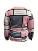 Plus Size elegant Blouse, Women's Plus Colorblock Geometric Print Lantern Sleeve V Neck Ruched Side Top