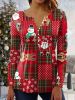 Plus Size Christmas Blouse, Women's Plus Colorblock Santa Claus & Snowman Print Long Sleeve Notched Neck Slight Stretch Henley Shirt